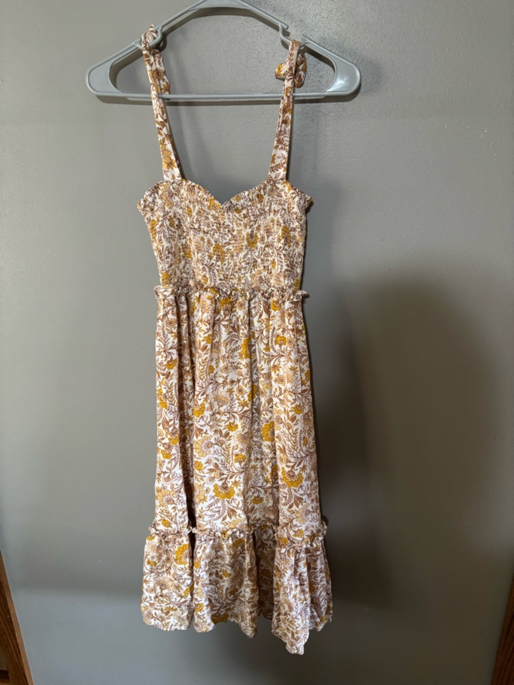 Patrons of Peace Mustard and Cream Floral Smocked Midi Dress